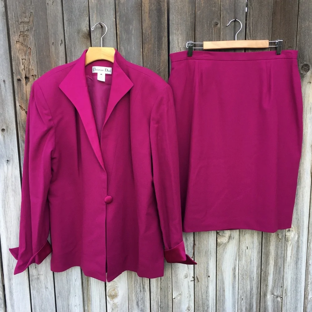 Christian Dior Vintage Jacket Skirt Suit Wool Pink 18